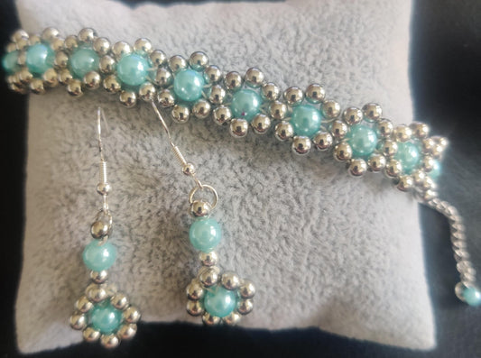 Handgjort Turkost Smyckesset - Armband och Örhängen med Silverdetaljer