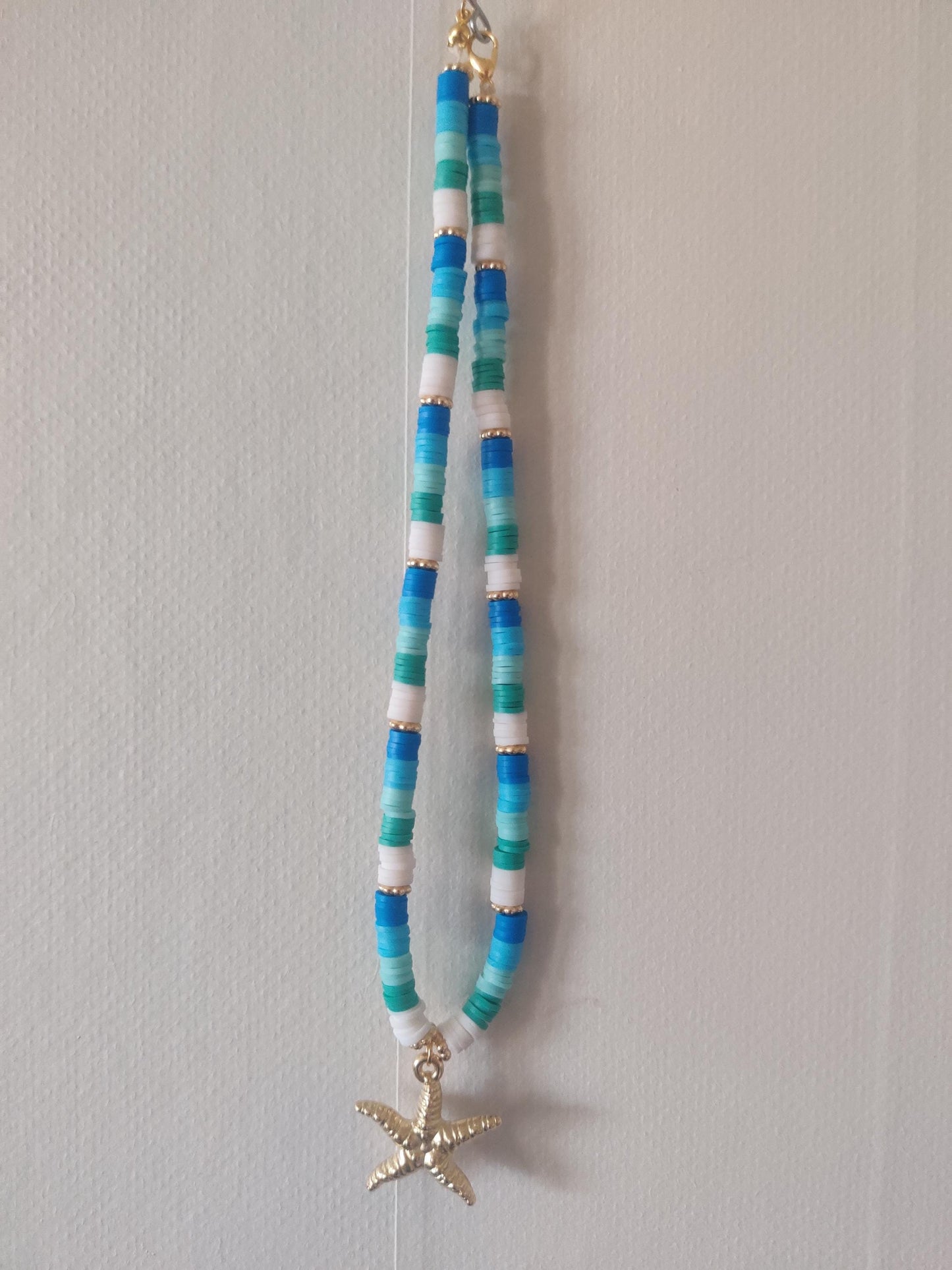 Havstema Halsband med Guldsjöstjärna - Blå och Vita Pärlor