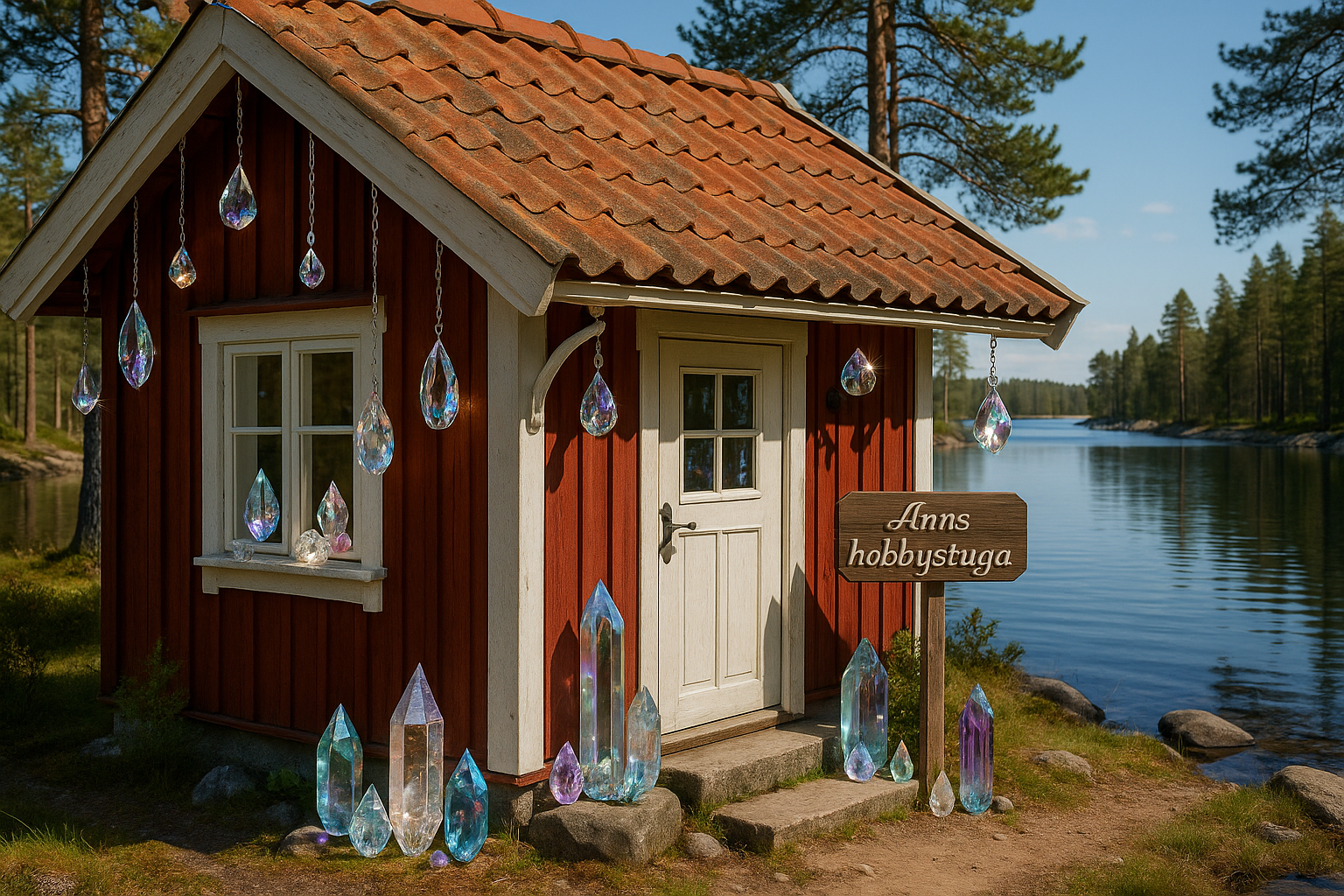 stuga vid vattnet med kristaller som prydnad och texten Anns hobbystuga