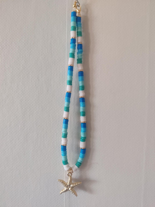 Havstema Halsband med Guldsjöstjärna - Blå och Vita Pärlor