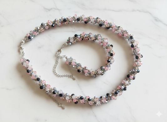 Facetterat Smyckesset - Halsband & Armband i Rosa & Iriserade Pärlor