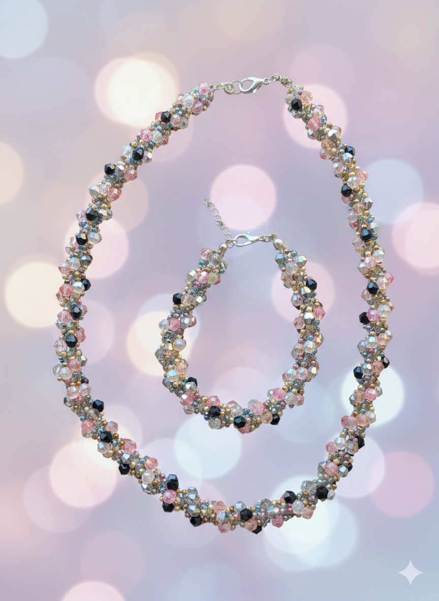 Facetterat Smyckesset - Halsband & Armband i Rosa & Iriserade Pärlor