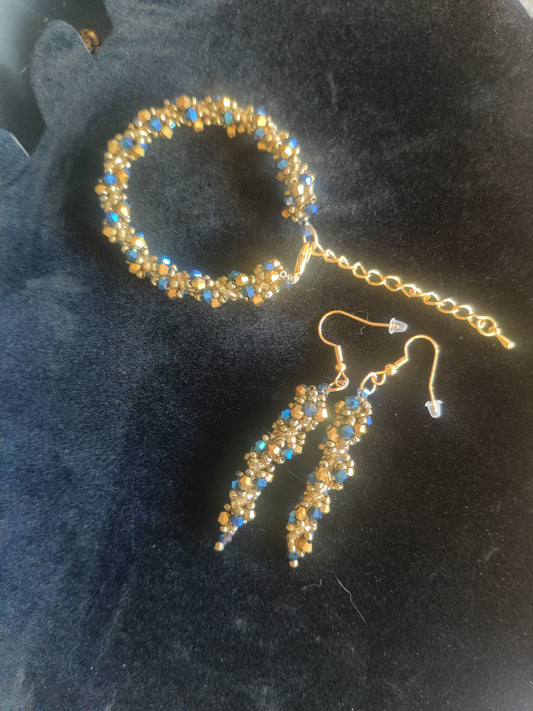 Armband och örhängen set - Guld med blå glaskristaller