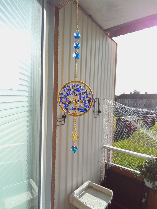 Suncatcher Livets Träd – Lapis Lazuli & Indigoblå Glaskristaller