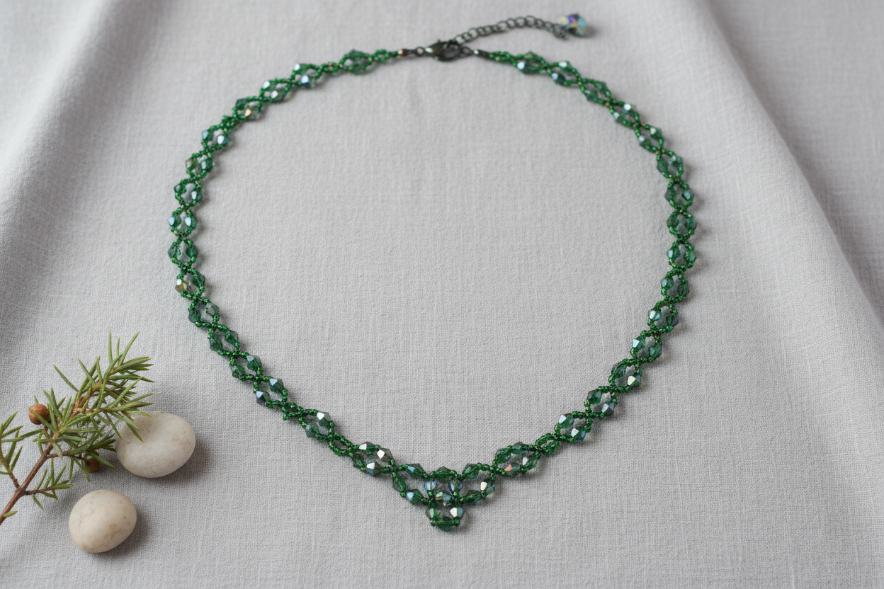 Grönt kristallhalsband med ljusgrå bakgrund