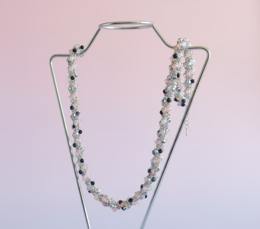 Facetterat Smyckesset - Halsband & Armband i Rosa & Iriserade Pärlor