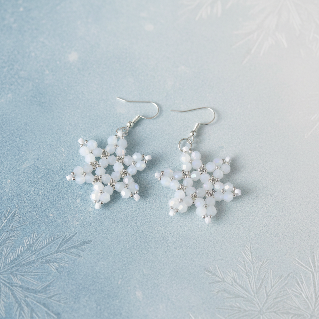 Vita snöflingsörhängen med vinterbakgrund